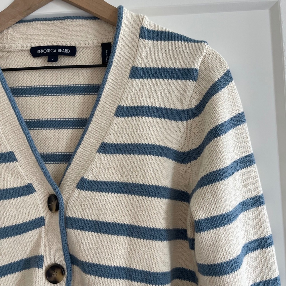 Veronica Beard Noorie Cardigan Sz Medium Ivory Blue Striped Cotton Chic Classic - Picture 6 of 16